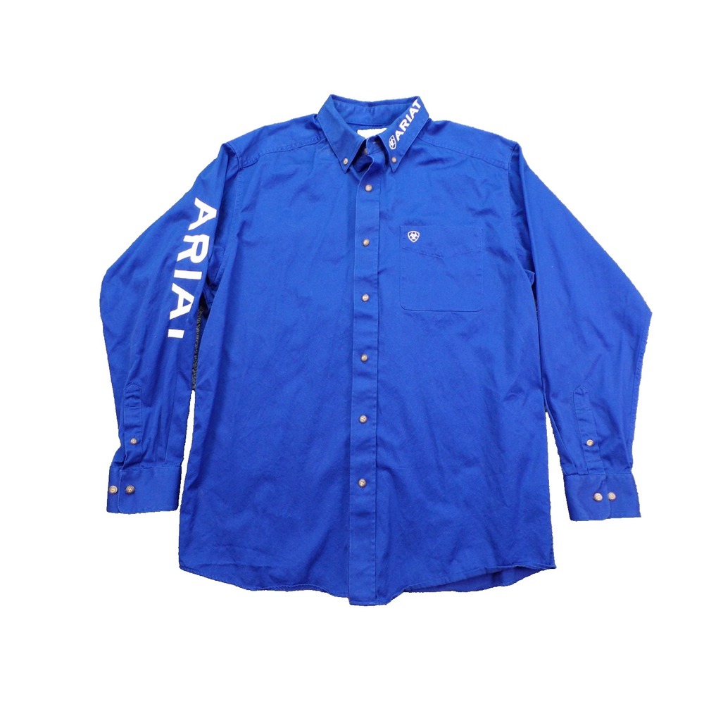 ARIAT Men's Long Sleeve L/S Blue Button Shirt Embroidered on ARM & Neck Large